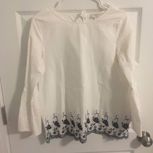 White Loft Blouse with Navy Floral Detailing